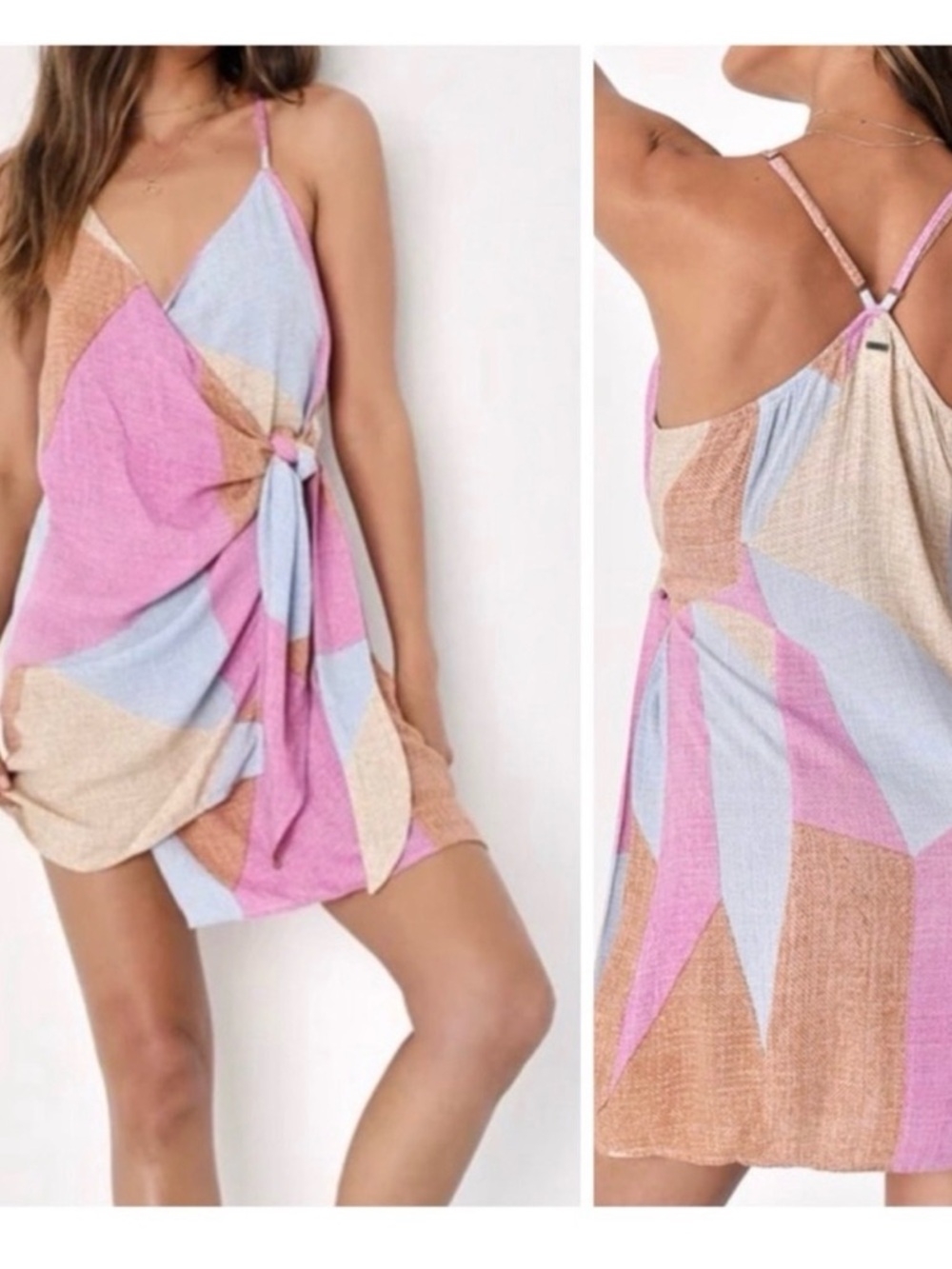 The O'Neill Marlo Pink, Blue & Beige Multi Print Halter Wrap Dress